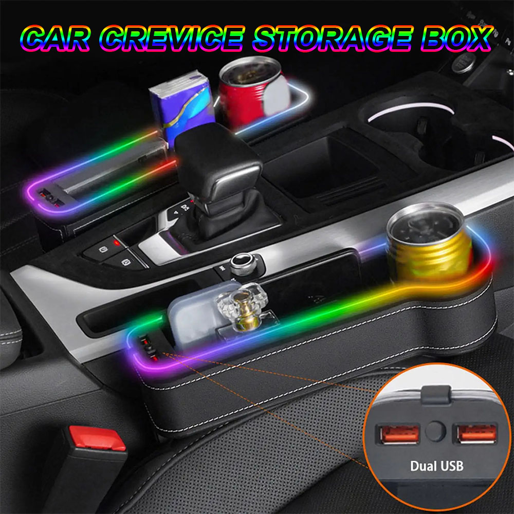 Seat Gap Filler Organizer With Usb Charger - 車の隙間収納オーガナイザーボックス 7色変化LED 車のシート隙間埋め カップホルダー付き スマホホルダー 2つのUSB充電ポート付き