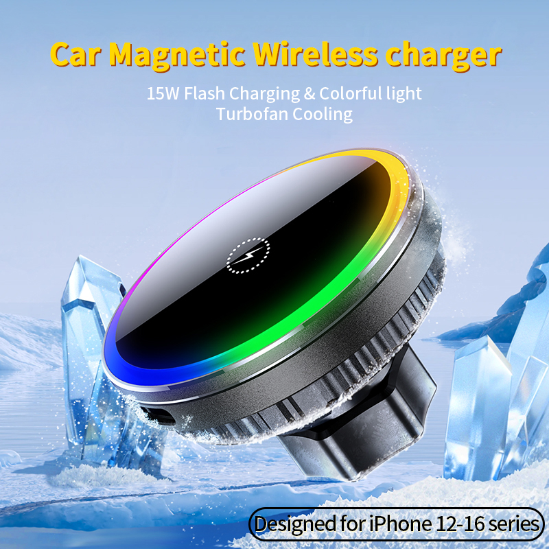 Wireless Car Charger Mount Fast Charging - ファン冷却式車載マグネットブラケットワイヤレス充電器 QI1 ワイヤレス急速充電 iPhone 12-17シリーズ対応 車載通風口取り付け型