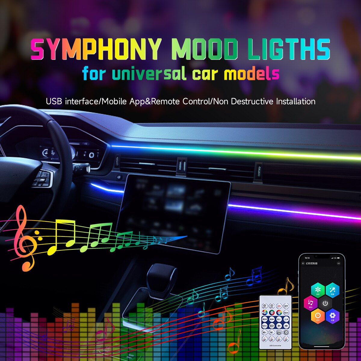 車用USB 64色アクリルストリップLEDアンビエントライト - Led Ambient Interior Car Lights App Control のレビューと価格